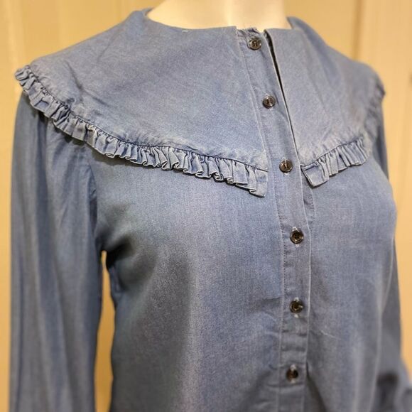 ZARA DENIM CHAMBRAY COLLARED BLOUSE TOP - Picture 8 of 10